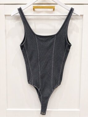 Agolde Ribbed Snap-Button One-Piece Bodysuit - Charcoal size Xs